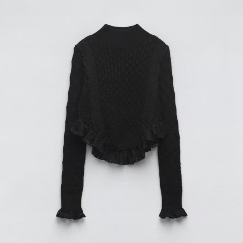 Zara Black Lace Trim Cropped Sweater